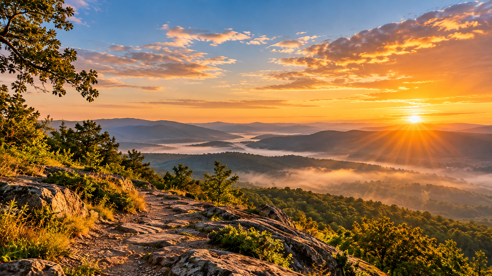 Rocky trail overlooking a mist-filled valley and mountain landscape at sunrise