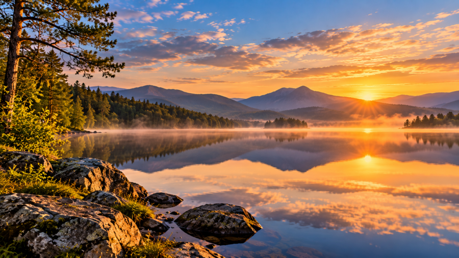 Mountain lake at golden hour with still water reflecting the surrounding forests and layered mountains