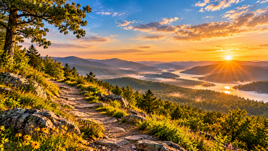Rocky trail continuing through a mountain landscape toward warm morning light